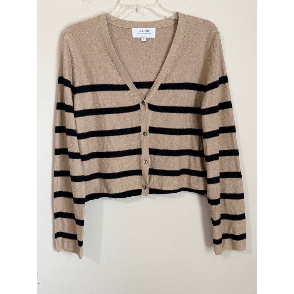 La Ligne Cardigan Women Size S Tan Black Striped Linen Cropped V-Neck